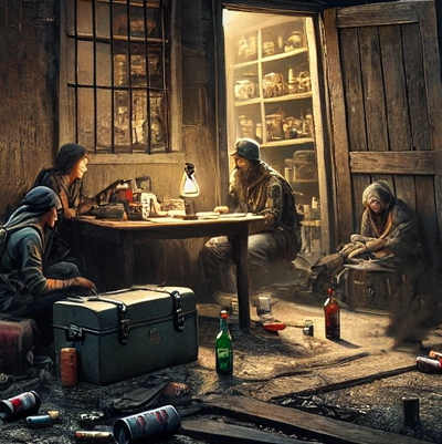 Desperate Times Event picture. Image of survivors sitting down in a post apocalyptic setting.