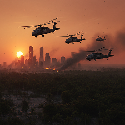 Desperate Times Event picture. Image of survivors sitting down in a post apocalyptic setting.